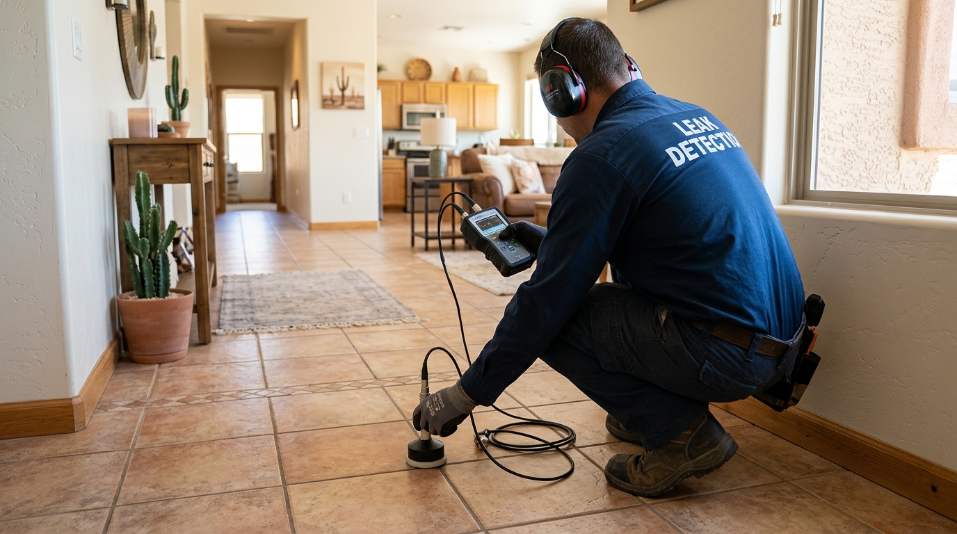 Slab leak detection technician listening for under-foundation pipe leaks in Yuba City